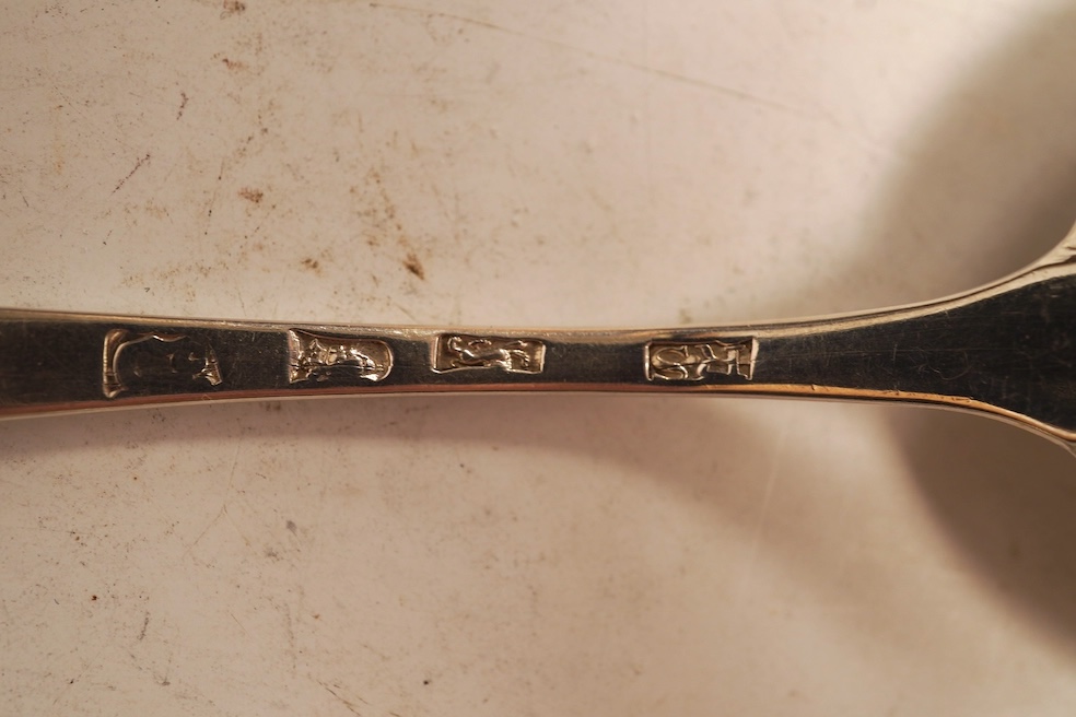 Two pairs of George III silver Old English pattern sauce ladles, Robert Sallam, London, circa 1770, 16.6cm and William Sumner I, London, 1788, together with a George III silver sifter spoon, by Eley & Fearn, London, 1796